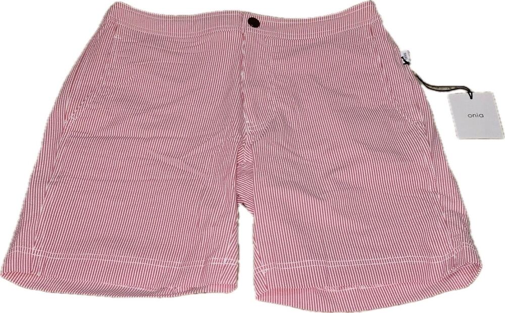ONIA Calder 7.5" E Micro Stripe Flame Red White Swim Trunks NEW Mens